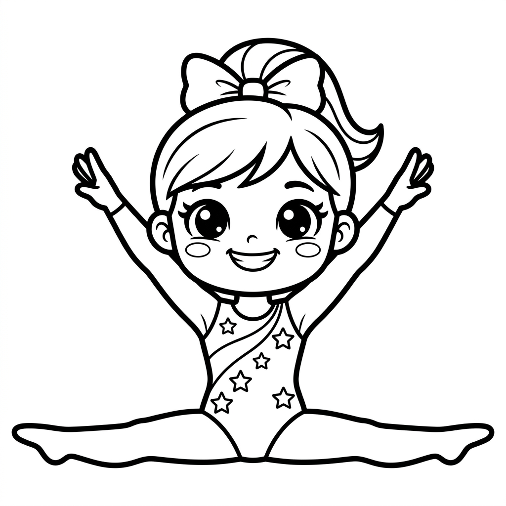 Gymnastics coloring page printable of a kawaii-style girl gymnast doing a full split with arms raised.